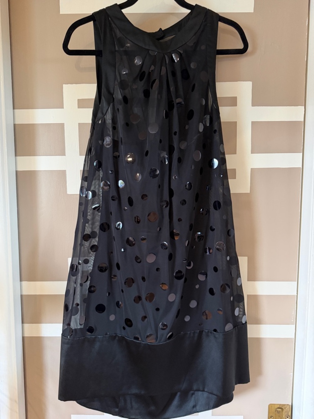 Sleeveless Black Polka Dot Midi Dress with Sheer Overlay